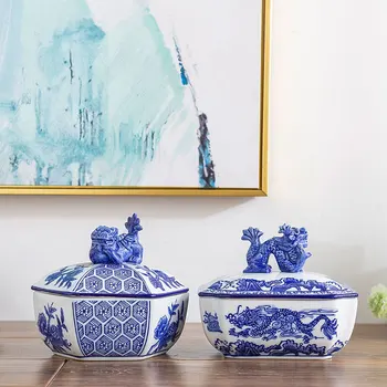 Jingdezhen Cerâmica De Armazenamento Pote De Chá Pode Domésticos Chá Da Azul-E-Branco Enfeite De Caixa De Joias