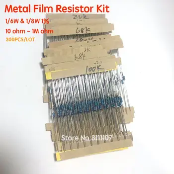 300PCS 1/6W & 1/8W 1% de Metal Filme Kit Resistor de 10 ohm - 1M ohm Cor Anel de Resistência 10R-1MR Resistor Variado Conjunto de 30 Valores