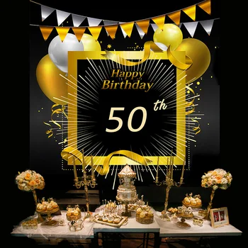 Ouro preto, pano de Fundo Tapeçaria 50º Feliz Festa de Aniversário de Mesa Decorações Número de Confetes Balão de 50 Anos de Aniversário